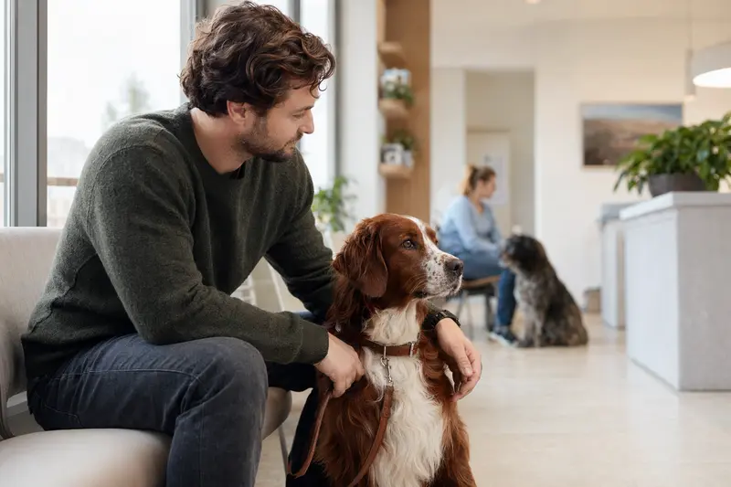Ein Irish Red and White Setter sitzt ruhig neben seinem Besitzer im hellen Wartezimmer einer modernen Tierarztpraxis.